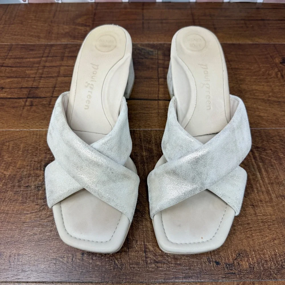 Paul Green Lauren Sandal-Mineral Metallic-Suede Cross Strap Block Heel Sz4/US6.5